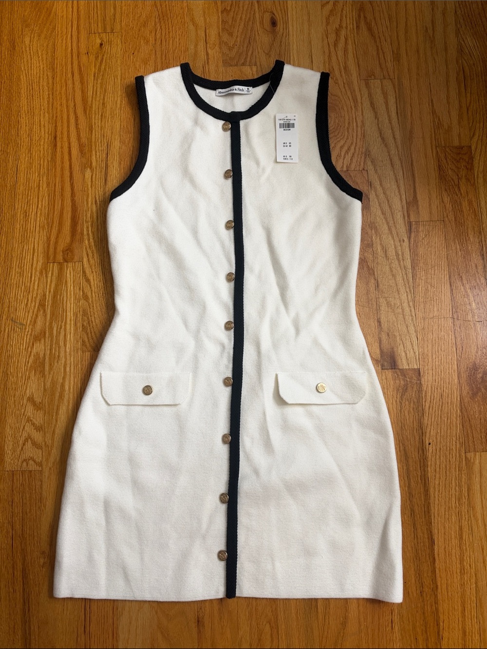 Abercrombie Sleeveless White Knit Button-Front Dress with Black Trim